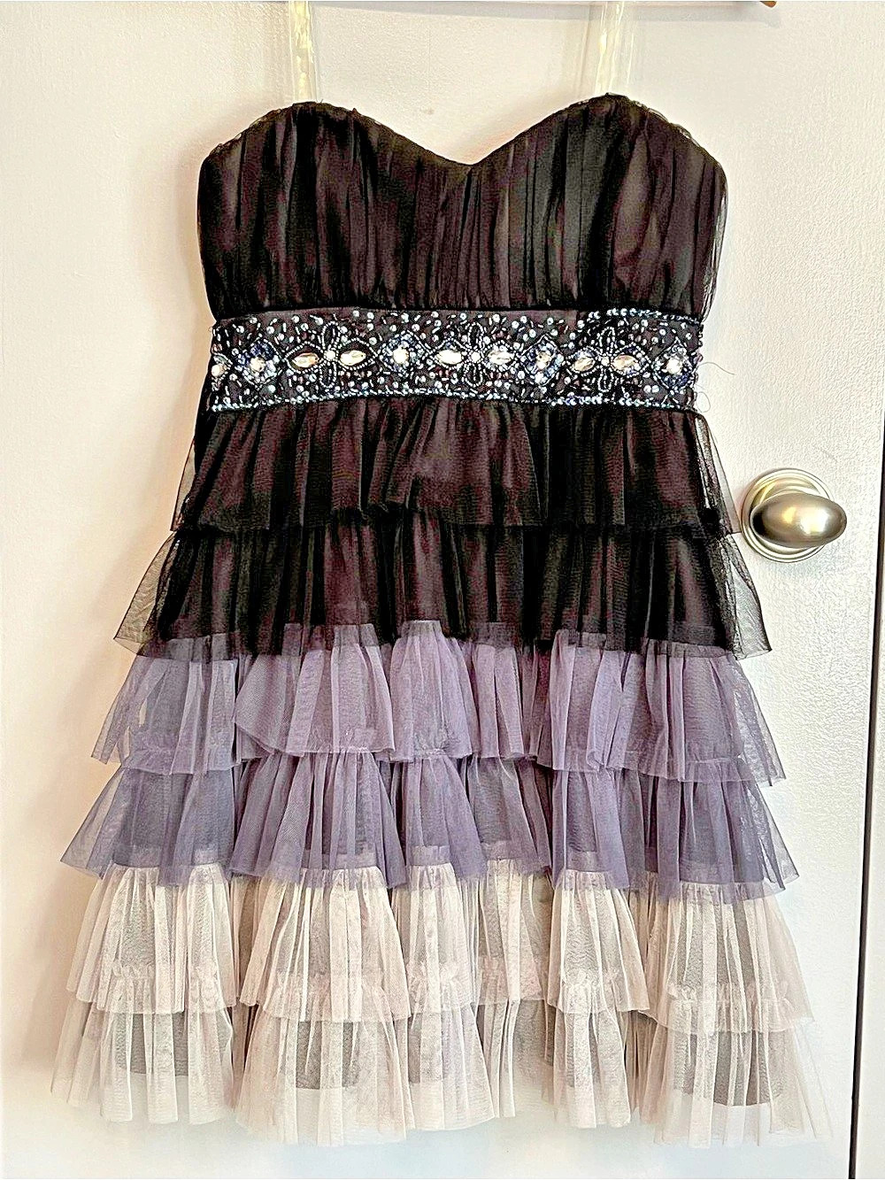 Deb Tiered Tulle Mini Dress in Black & Gray Size Small
